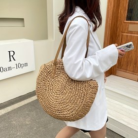 Resim Büyük Bohem Dokuma Çantası - Vintage Tarzı, Bej, El Yapımı Düz Örgü, Geniş Plaj ve İşe Giderken Omuz Çantası Fermuarlı Kapanışlı, Tatil ve Günlük Gezintiler İçin Mükemmel, Plaj Çantası 