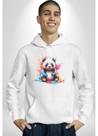 Resim Renkli Yavru Panda Kadın Erkek Beyaz Kapüşonlu Sweatshirt Hoodie Beyaz 