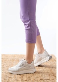 Resim F-307 Beyaz Bağcıklı Saten Taş Aksesuarlı Günlük Spor Ayakkabı Beyaz 