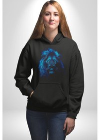 Resim Aslan Mavi Gözlü Kadın Erkek Siyah Kapüşonlu Sweatshirt Hoodie Siyah 