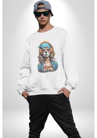 Resim Hippie Cesur Stil Dövmeli Kız Unisex Beyaz Baskılı Sweatshirt Beyaz 