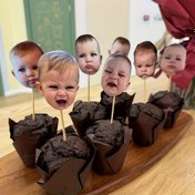 Resim 6/10/20 Adet Özel Fotoğraf Yüz Cupcake Süsleri - İfadeli Çizgili Göz ve Aylı Kişisellecek Komik Pasta Dekorasyonları, Şık Bambu çubuklarla & yapışkan arka kısım, Milestone Do 