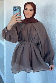 Resim İç Astarlı Salaş Tesettür Bluz Kahve TZL-P-00022190 