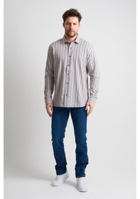 Resim Alexandergardı Çizgili Uzun Kollu Erkek Keten Gömlek Eg-1866 Taş 