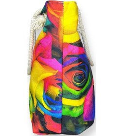 Resim Kadın Çok Amaçlı Büyük Boy İçi Astarlı Fermuarlı Çok Renkli Gül Desenli Örgülü Yumuşak Saplı Deniz Plaj El Ve Omuz Çantası Çok Renkli 