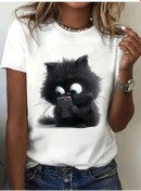 Resim Boutiquespecial Kaprisli Karikatür Kedi Baskılı Bisiklet Yaka T-shirt - Kısa Kollu Rahat Teebej 