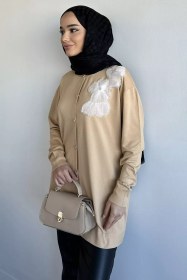 Resim Çiçek Figürlü Ön Düğmeli Tesettür Triko Hırka (s-m-l-xl Beden Uyumludur.) Koyu Bej TZL-P-00018076 