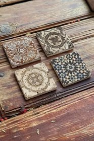 Resim Oscar Stone Decor Baskılı Doğaltaş Bardak Altlığı 4'Lü Set Desen Tile 4Dsn-144 