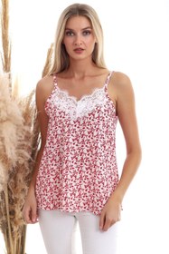 Resim Cotton Mood 20333454 Kobe Desenli Yaka Dantelli Kolsuz Bluz Kırmızı Çıçek Desenlı 