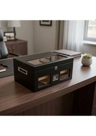 Resim Elektronik Nemlendiricili Camlı Puro Kutusu Humidor Mat Siyah 