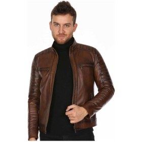 Resim Hakiki Kuzu Derisi Fermuarlı Kol Işlemeli Spor Erkek Deri Ceket Kahverengi Kahve 