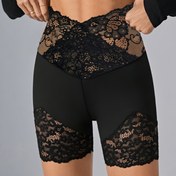 Resim Plus Beden, Kontrast Dantel Detaylı Plus Size Kadın Yüksek Bel Leggings - Esnek Görünmez Yazlık Şortlar, Makinede Yıkanabilir Şık & Günlük Şortlar, Her Gün Rahatlık, Şık Highwaist, Rahat Kalıp, Ev Giyimi, Nefes Alabilen Kumaş, Kadın 