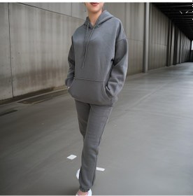 Resim Unisex Üç İplik Şardonlu Oversize Hoodieli Eşofman Takımı-haki Haki 