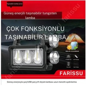 Resim Solar Panelli Çok Foksiyonlu Telefon Şarj Özellikli El Feneri Işıldak 2 Ampullü 