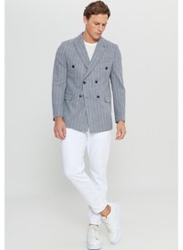 Resim AC&Co / Altınyıldız Classics Erkek Lacı Pamuklu Slim Fit Dar Kesim Kırlangıç Yaka Çizgili Esnek Blazer Ceket Lacı Lacivert 
