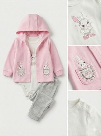 Resim Kız Bebek Tavşan Baskılı %100 Pamuklu Kapşonlu Hırka Body Ve Pantolon 3'lü Takım Açık Pembe 