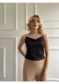 Resim Kadın Siyah Degaje Yaka Crop Siyah 