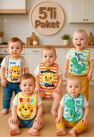 Resim Babydonat Little Explorer 5'li Bebek Önlük Seti - Sıvı Geçirmez, Pamuklu, Hayvan Figürlü Eğlenceli Mama Önlüğü 