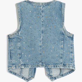 Resim Kız Çocuk Yıldız Detaylı V Yaka Kolsuz Pamuklu Crop Denim Yelek 
