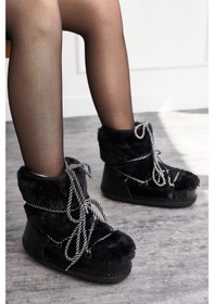 Resim Günlük Kadın Kar Botu Kürklü Bağcıklı Anne Kız Rahat Astarlı Kalın Taban 327 Siyah 