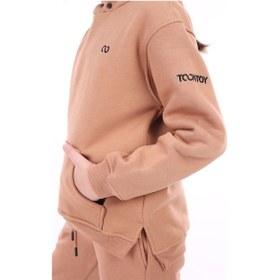 Resim Kız Çocuk Oversize Kapüşonlu Cepli Nakış Baskılı Yırtmaçlı Sweatshirt - 3 İplik Şardonlu Kahverengi 
