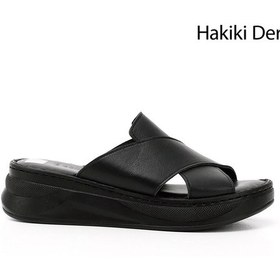 Resim Gönderi(R) Gönderi R Siyah Çapraz Bantlı Dolgu Topuk Hakiki Deri Comfort Terlik Siyah 