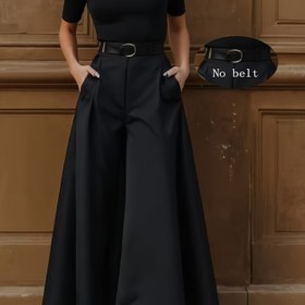 Resim Kadın Savaşçı Tarzı Siyah Kollot - Cepli Geniş Bacaklı Pantolon, Yüksek Bel, Rahat Tüm Mevsim Giyim, Kemer Yok, Yüksek Bel Pantolon 