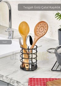 Resim Jet's Home Yuvarlak Çatal Kaşıklık Paslanmaz Tezgah Üstü Servis Standı Düzenleyici Çelik Siyah Siyah 