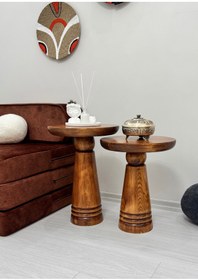 Resim AYLESA Ahşap 2’li Set Mantar Yan Sehpa Modern Açık Ceviz Fiskos Zigon Çiçeklik 