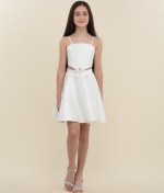 Resim Kız Çocuk Parlak Kumaş Dekolte Detaylı Kısa Abiye Elbise-15839 Beyaz 