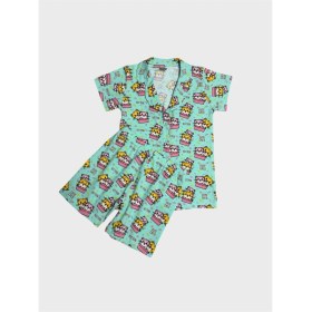 Resim Elmas Kids Kız Çocuk %100 Pamuklu Yeşil Kedi Desenli Gömlek Yaka Düğmeli Kısa Kollu Şortlu Pijama Takımı 