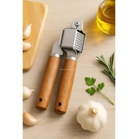 Resim Aesco Akasya Saplı Sarımsak Ezici Paslanmaz Çelik Sarımsak Presi Ergonomik Ahşap Saplı Sarımsak Sıkacağı Kolay Temizlenen Dayanıklı Mutfak Aleti Profesyonel Sarımsak Ezip Presleyen Aparat 