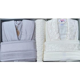 Resim Aile Bornoz Seti Krem - Gri %100 Pamuk Krem 