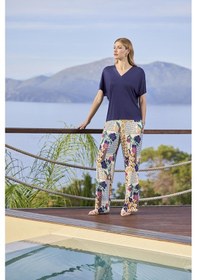 Resim Monamise Kadın Çiçek Ve Yaprak Desenli Kısa Kollu V Yaka Pijama Takımı 25087 Lacivert 