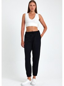 Resim Kadın Siyah Pamuklu Kalın Paçası Lastikli Yüksek Bel Rahat Jogger Eşofman Altı Cmrb95 Siyah 