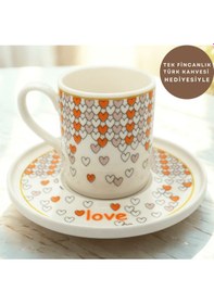 Resim Love Kalp Desenli 6 Kişilik Porselen Kahve Fincan Takımı Çok Renkli 