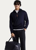 Resim Koyu Lacivert Kapüşonlu Yarım Fermuarlı Oversize Pamuklu Sweatshirt Kigili