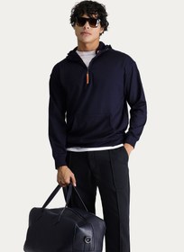 Resim Koyu Lacivert Kapüşonlu Yarım Fermuarlı Oversize Pamuklu Sweatshirt 