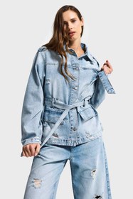 Resim Kadın Ice 12s6-32 Oversize Kemer Detaylı Yırtık %100 Koton Denim Ceket - Ice Rengi / M 