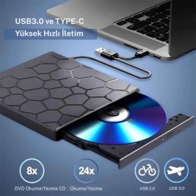 Resim Techtic 8’si 1 Arada Harici CD DVD Yazıcı USB 3.0 Type-C - Çoklu USB Hub, Sd/tf Kart Okuyucu, Taşınabilir Optik Sürücü 