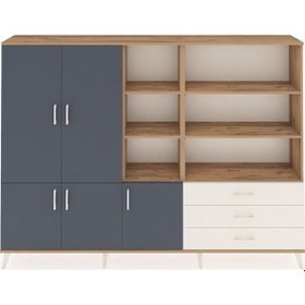 Resim Arges Dolap 11 Raflı 3 Çekmeceli 5 Kapaklı 220x30x163 Çam-antrasit/aytaşı Antrasıt/aytası - Atlas Çam 