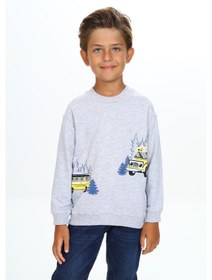 Resim Toontoy Kids Toontoy Erkek Çocuk Relax Fit Bisiklet Yaka Hafif Düşük Omuz Baskılı Sweatshirt - 2 İplik Gri Melanj 