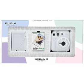 Resim Fujifilm Instax Mini 12 Beyaz Fotoğraf Makinesi - 10'lu Film ve 28'li Mini Albüm Bundle Box 