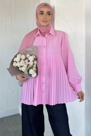 Resim Gülseli Tesettür Piliseli Gömlek Pembe TZL-P-00021787 