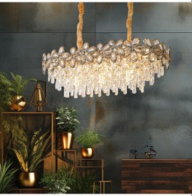 Resim Saral Sıralı Gold Yemek Masası Üstü, Kristal Taşlı Modern Tasarım Salon Avize Altın 