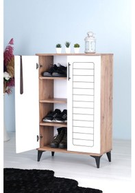 Resim Luna 2 Kapaklı 4 Bölmeli Modern Ayakkabılık - Beyaz / Çam Desenli 