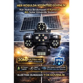 Resim IDS 20MP Ultra Hd 4 Lens Tam Kontrol Güneş Enerjili Kamera Sim Kartlı Dual LED 12XZOOM Çakar LED Siren 