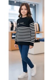 Resim Minimoda Kids Kız Çocuk Çizgili Nakışlı Kazak 