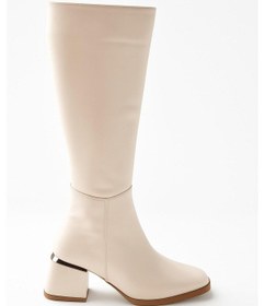 Resim Kadın Topuk Detaylı Yandan Fermuarlı Uzun Çizme Bej 