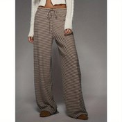 Resim Kadın Günlük Düz Paça İpli Belli Pantolon - Hafif Dokulu Çizgili Tasarım, İlkbahar Yaz Sonbahar için Bol Kesim, Rahat ve Şık Günlük Giyim, Sezonluk Moda, Rahat Kesim Pantolon, Konforlu Moda 